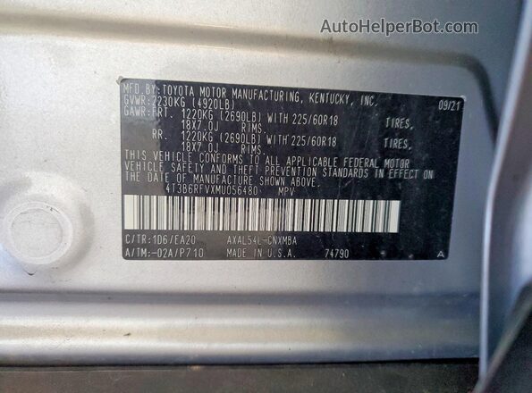 4T3B6RFVXMU056480 2021 TOYOTA RAV4 Silver 360 interior view