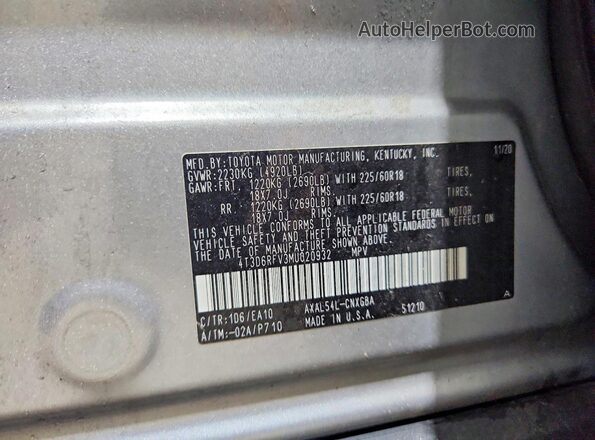 4T3D6RFV3MU020932 2021 TOYOTA RAV4 Серый Вид наклейки с VIN-кодом