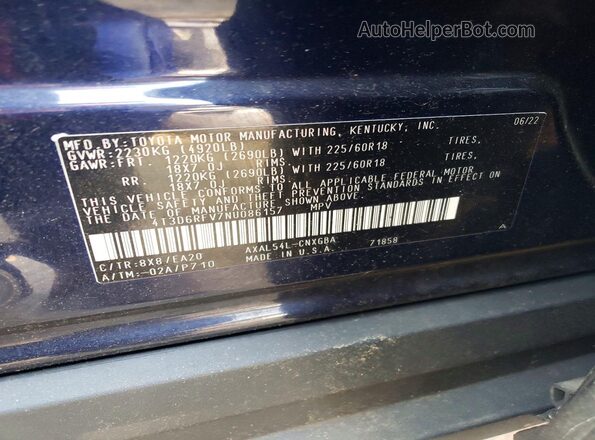 4T3D6RFV7NU086157 2022 TOYOTA RAV4 Blue Вид наклейки з VIN-кодом