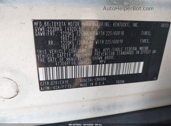 4T3D6RFV8LU003560 2020 TOYOTA RAV4 HYBRID White Widok komory silnika