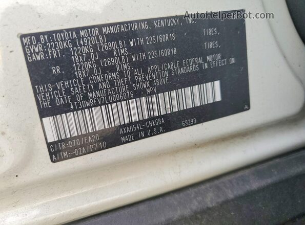 4T3DWRFV7LU006076 2020 TOYOTA RAV4 White Widok naklejki z numerem VIN