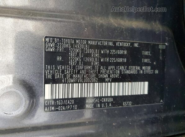 4T3DWRFV9LU002062 2020 TOYOTA RAV4 Gray Widok wnętrza 360 stopni