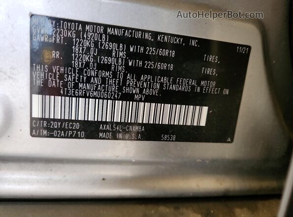 4T3E6RFV6MU060247 2021 TOYOTA RAV4 Silver Widok wnętrza 360 stopni