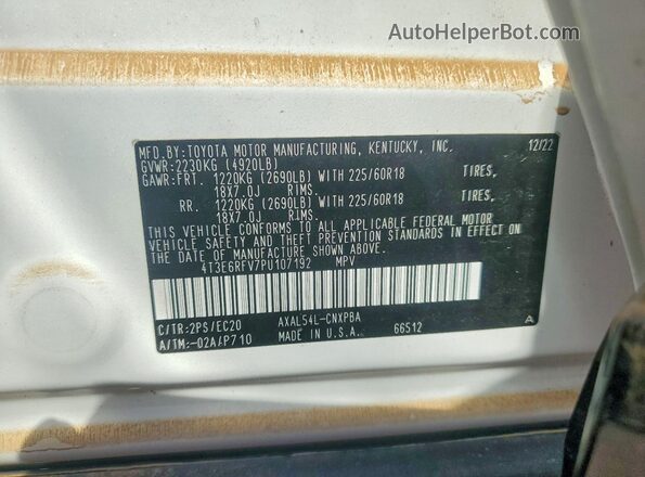 4T3E6RFV7PU107192 2023 TOYOTA RAV4 White Widok naklejki z numerem VIN