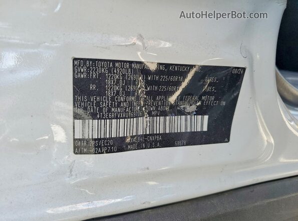 4T3E6RFVXRU169706 2024 TOYOTA RAV4 White VIN կոդի պիտակի տեսք