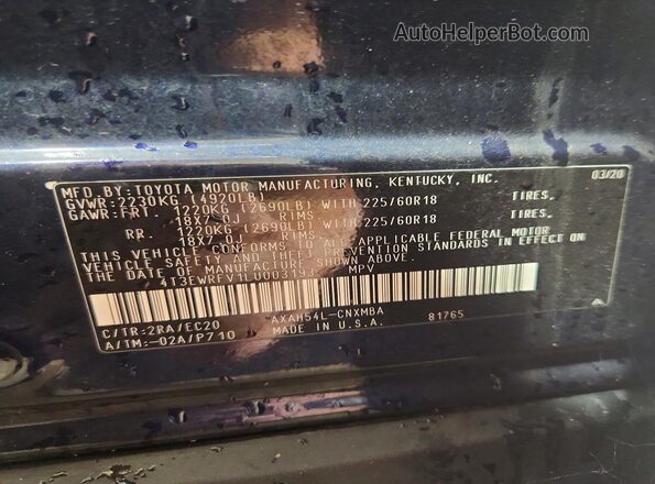 4T3EWRFV1LU003193 2020 TOYOTA RAV4 Blue VIN კოდის სტიკერის ხედი