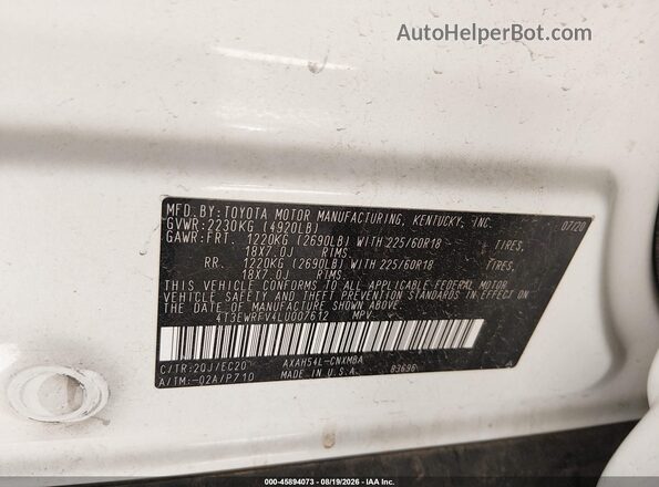 4T3EWRFV4LU007612 2020 TOYOTA RAV4 HYBRID White Engine compartment view