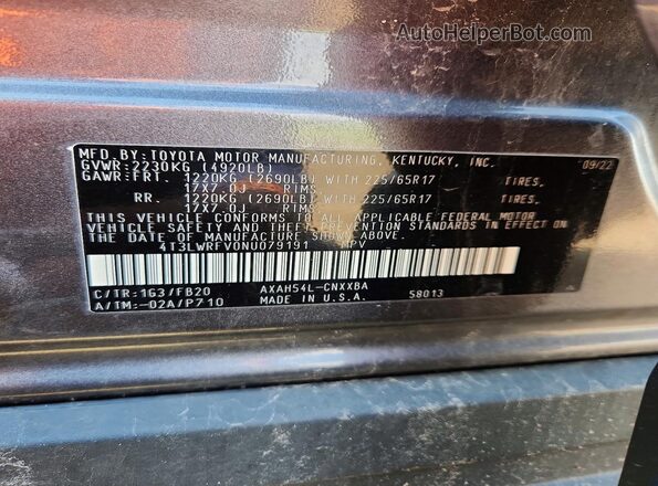 4T3LWRFV0NU079191 2022 TOYOTA RAV4 Gray Engine compartment view