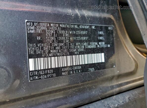4T3LWRFV1NU076316 2022 TOYOTA RAV4 Gray 360 interior view