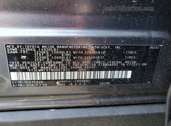 4T3LWRFV7NU067832 2022 TOYOTA RAV4 Gray Widok naklejki z numerem VIN