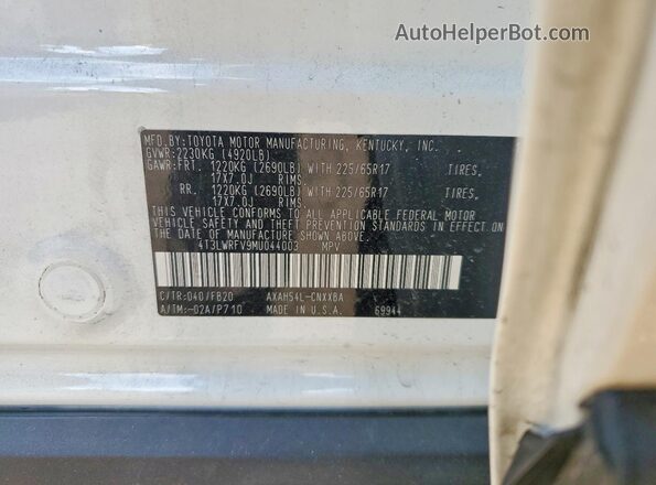 4T3LWRFV9MU044003 2021 TOYOTA RAV4 White VIN კოდის სტიკერის ხედი