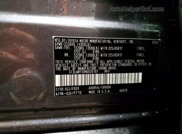 4T3LWRFVXMU026187 2021 TOYOTA RAV4 Charcoal Widok naklejki z numerem VIN