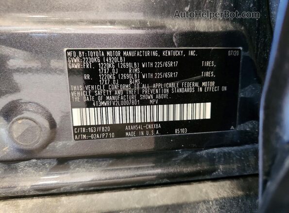 4T3MWRFV2LU007801 2020 TOYOTA RAV4 Gray 360 interior view