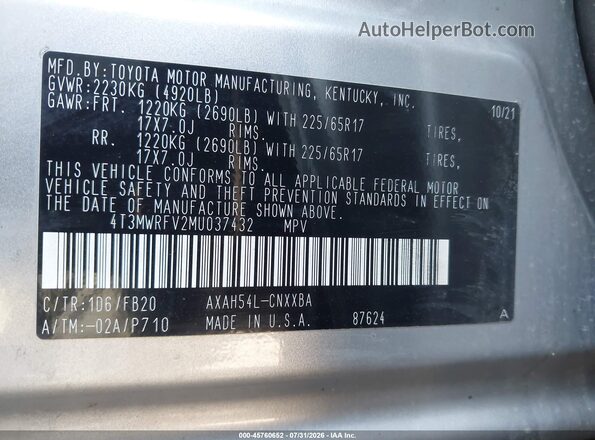 4T3MWRFV2MU037432 2021 TOYOTA RAV4 HYBRID Silver Engine compartment view