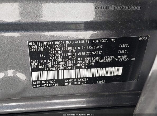 4T3MWRFV6NU069415 2022 TOYOTA RAV4 HYBRID Gray Vista del compartimento del motor