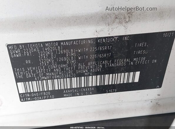 4T3MWRFV8MU038620 2021 TOYOTA RAV4 HYBRID White Engine compartment view
