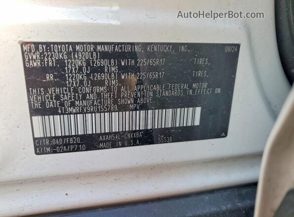 4T3MWRFV9RU155789 2024 TOYOTA RAV4 White VIN կոդի պիտակի տեսք