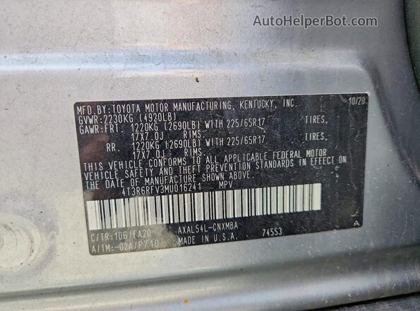 4T3R6RFV3MU016241 2021 TOYOTA RAV4 Silver Вид наклейки з VIN-кодом