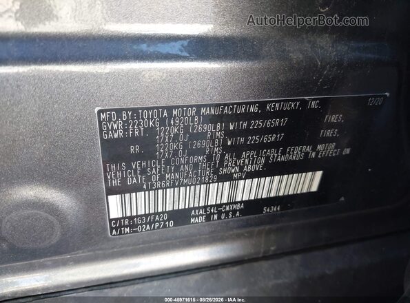 4T3R6RFV7MU021829 2021 TOYOTA RAV4 Gray Widok komory silnika