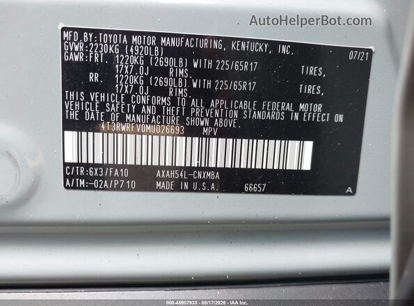 4T3RWRFV0MU026693 2021 TOYOTA RAV4 HYBRID Silver Вид підкапотного простору