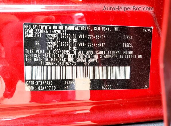 4T3RWRFV0SU197473 2019 TOYOTA RAV4 Бордовый Вид наклейки с VIN-кодом