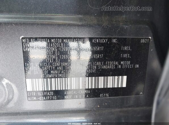 4T3RWRFV1MU030347 2021 TOYOTA RAV4 HYBRID Gray Widok komory silnika