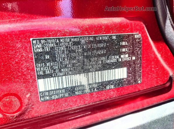 4T3RWRFV3NU056532 2022 TOYOTA RAV4 Red Вид наклейки з VIN-кодом