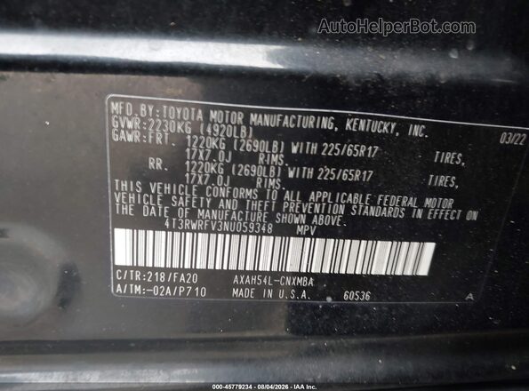 4T3RWRFV3NU059348 2022 TOYOTA RAV4 HYBRID Black Вид підкапотного простору