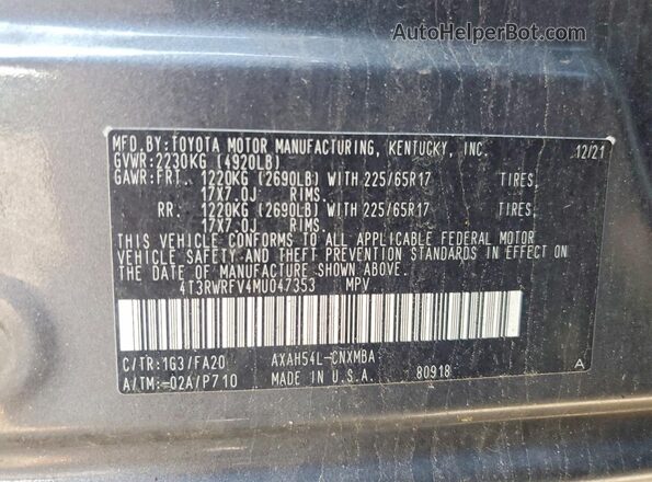 4T3RWRFV4MU047353 2021 TOYOTA RAV4 Gray Սալոնի 360 աստիճան տեսք
