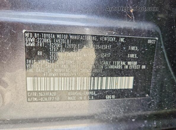 4T3RWRFV4NU074912 2022 TOYOTA RAV4 Серый Вид наклейки с VIN-кодом