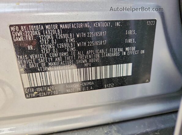 4T3RWRFV4RU122365 2024 TOYOTA RAV4 Silver VIN კოდის სტიკერის ხედი