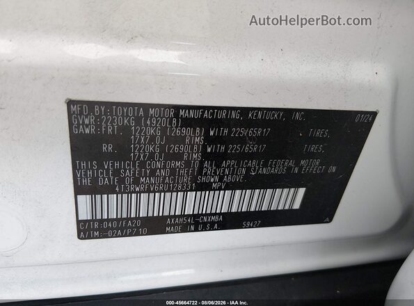 4T3RWRFV6RU128331 2024 TOYOTA RAV4 HYBRID White Задня права чверть