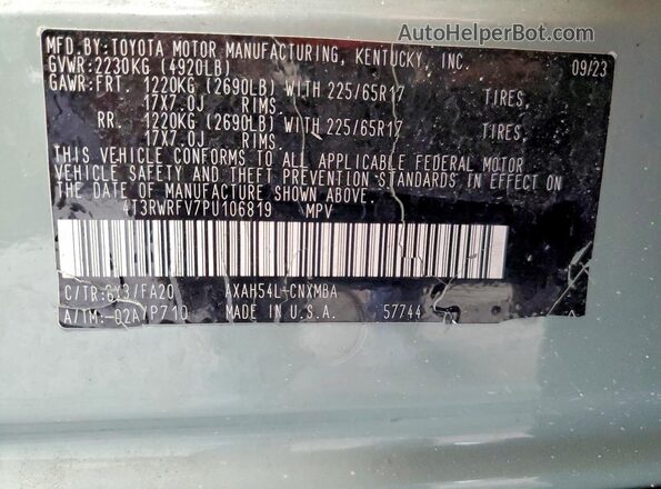 4T3RWRFV7PU106819 2023 TOYOTA RAV4 Green Vista de la etiqueta del VIN