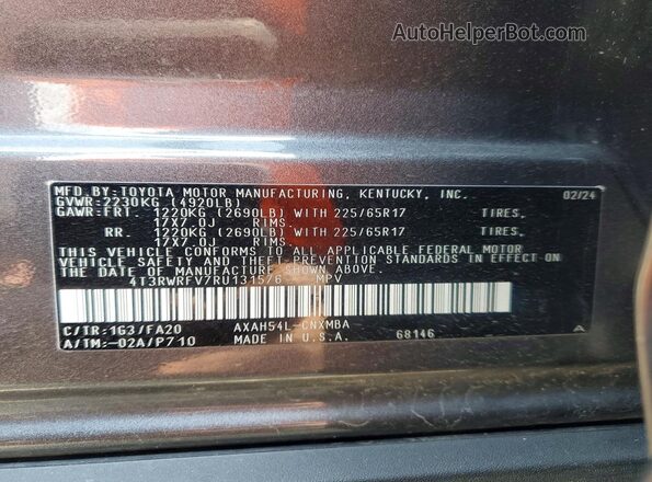 4T3RWRFV7RU131576 2024 TOYOTA RAV4 Charcoal Vista de la etiqueta del VIN