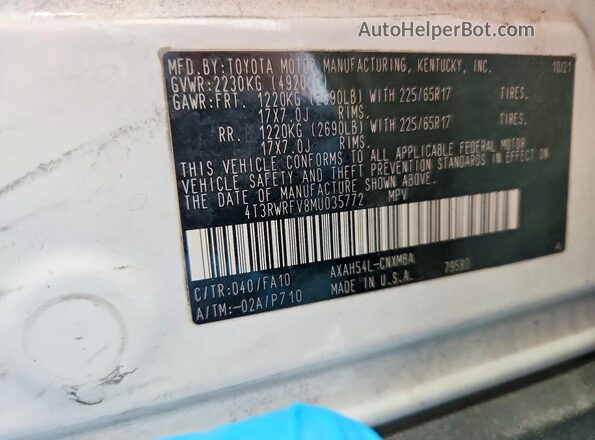 4T3RWRFV8MU035772 2021 TOYOTA RAV4 White 360 interior view