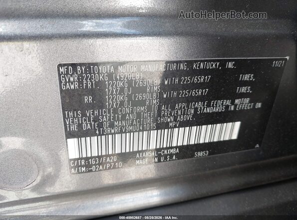 4T3RWRFV9MU041015 2021 TOYOTA RAV4 HYBRID Gray Շարժիչի բաժամունքի տեսք