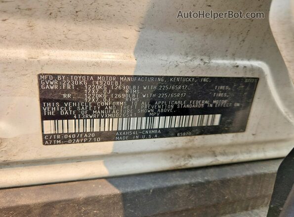 4T3RWRFVXMU026541 2021 TOYOTA RAV4 White Vista de la etiqueta del VIN