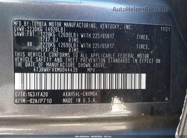 4T3RWRFVXMU044439 2021 TOYOTA RAV4 HYBRID Gray Widok komory silnika