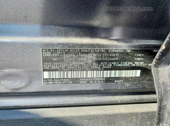 4T3RWRFVXNU077362 2022 TOYOTA RAV4 Gray VIN კოდის სტიკერის ხედი