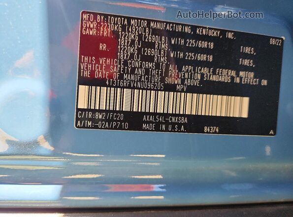 4T3T6RFV4NU096205 2022 TOYOTA RAV4 Blue Вид наклейки з VIN-кодом