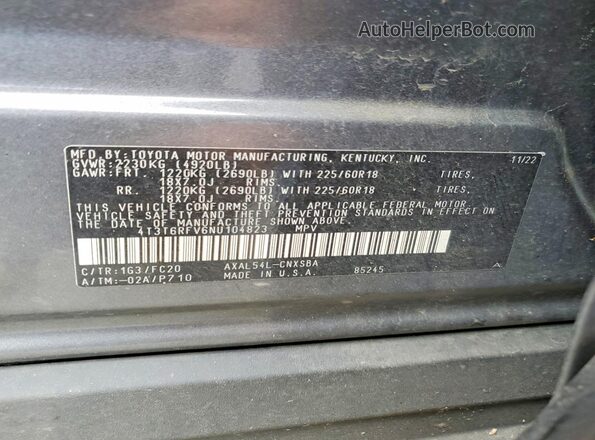 4T3T6RFV6NU104823 2022 TOYOTA RAV4 Gray VIN sticker view