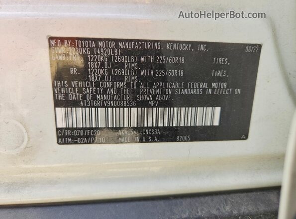 4T3T6RFV9NU088536 2022 TOYOTA RAV4 White VIN sticker view