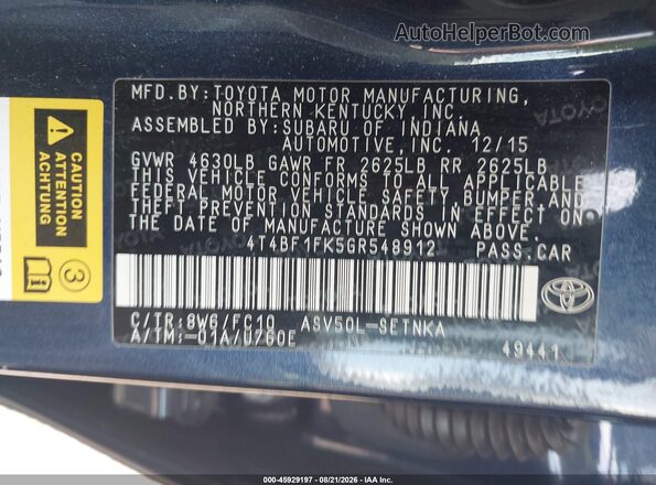 4T4BF1FK5GR548912 2016 TOYOTA CAMRY Blue Շարժիչի բաժամունքի տեսք