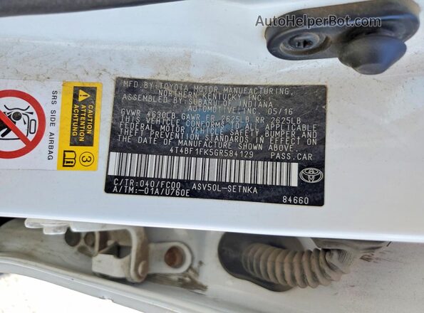 4T4BF1FK5GR584129 2016 TOYOTA CAMRY White Вид підкапотного простору