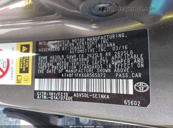 4T4BF1FK6GR565072 2016 TOYOTA CAMRY Gray Widok komory silnika