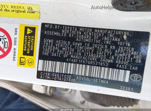 4T4BF1FK7GR531853 2016 TOYOTA CAMRY White Widok komory silnika