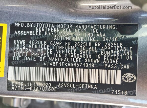4T4BF1FK8GR571018 2016 TOYOTA CAMRY Charcoal Вид підкапотного простору