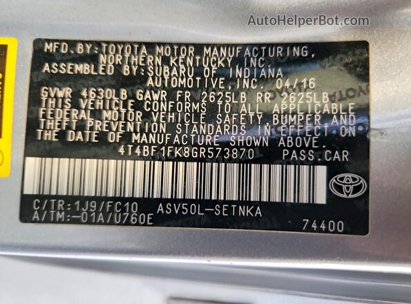 4T4BF1FK8GR573870 2016 TOYOTA CAMRY Silver 