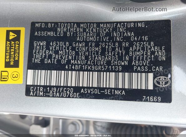 4T4BF1FK9GR571139 2016 TOYOTA CAMRY Silver Вид підкапотного простору