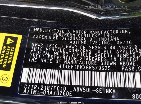 4T4BF1FKXGR579525 2016 TOYOTA CAMRY Black Շարժիչի բաժամունքի տեսք